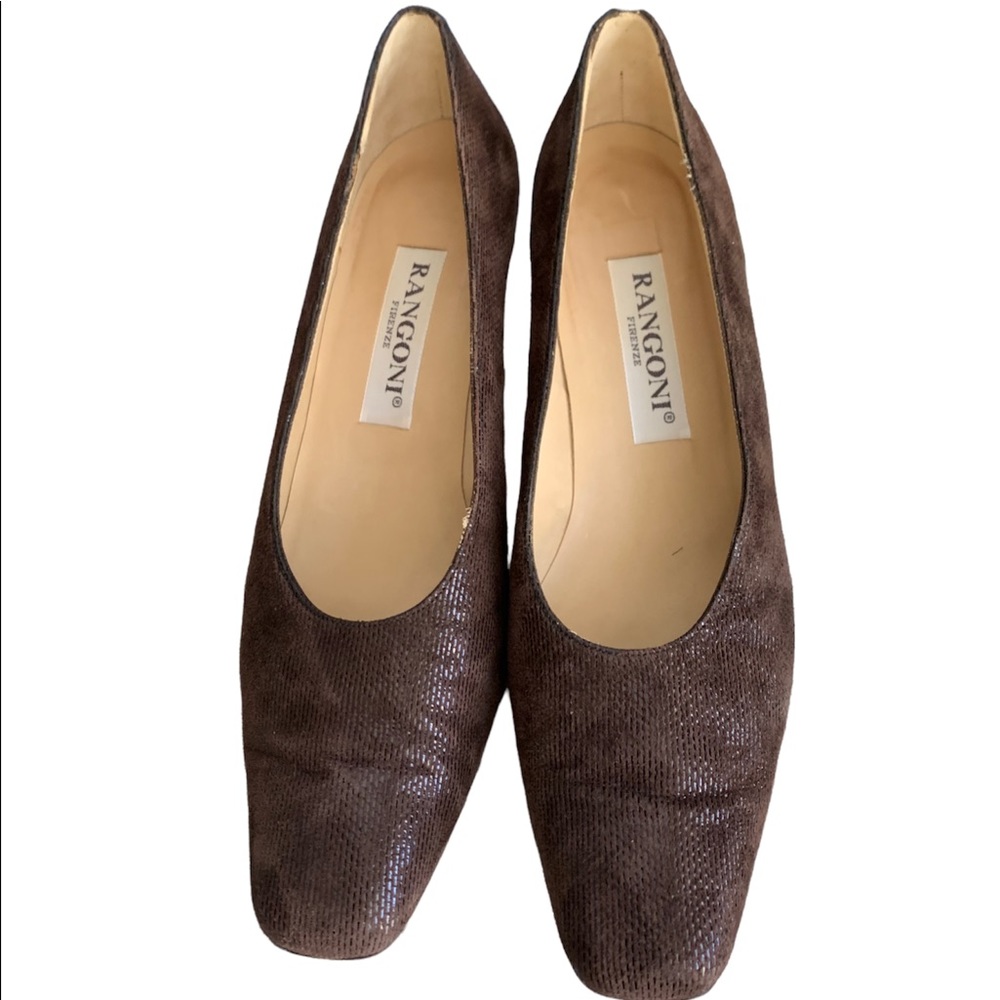 Rangoni Firenze Brown Suede Leather Houndstooth Cap Toe Block Heels